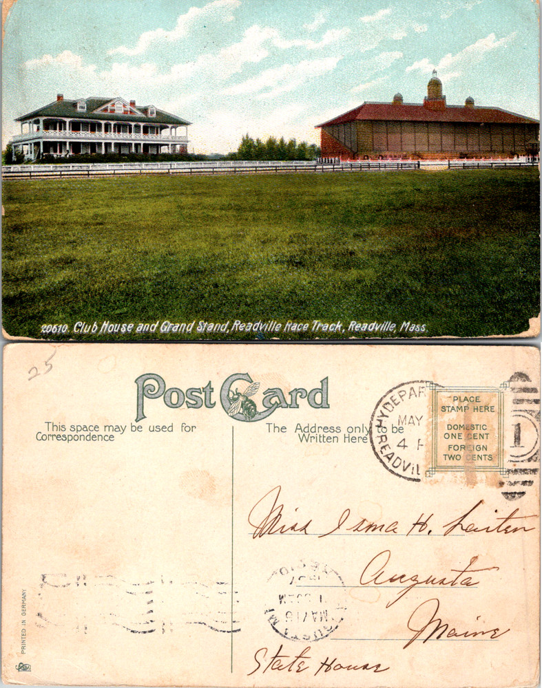 1957 Posted Readville Mass Club House Grand Stand VTG Postcard