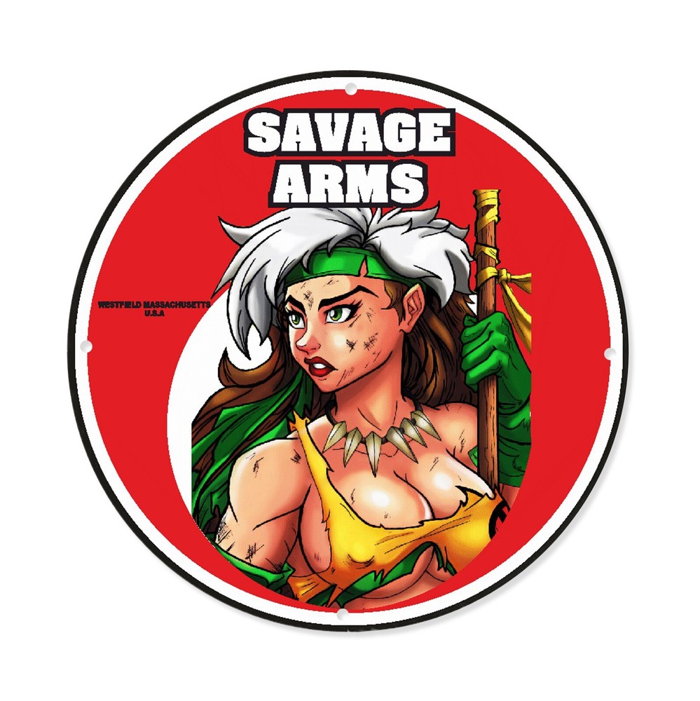 VINTAGE SAVAGE ARMS GUNS RIFLES SNIPERS PISTOLS PINUP GIRL PORCELAIN ENAMEL SIGN