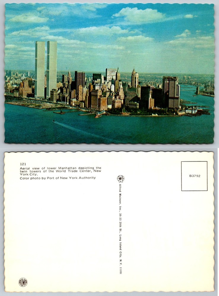 WTC Twin Towers Postcard NYC Lower Manhattan Alfred Mainzer Vintage 1970s