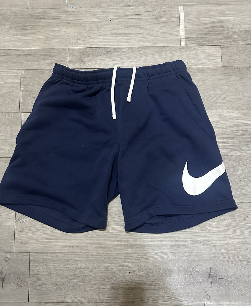 Nike Navy Blue Sweat Shorts Standard Fit Knit Logo Drawstring Pockets
