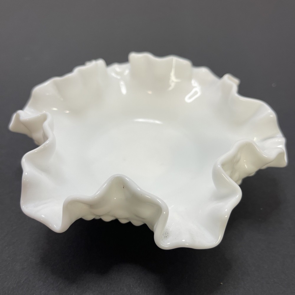 Vintage Fenton White Milk Glass Hobnail W/Ruffled Edge Candy Trinket Dish