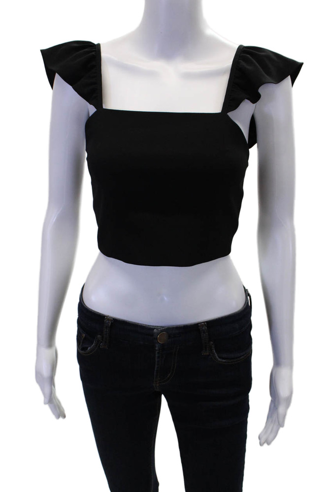 Alice + Olivia Womens Ruffled Short Sleeves Cropped Tank Top Blouse Black Size 0Free Shipping in US $100+ Orders | $6.95 Orders Below