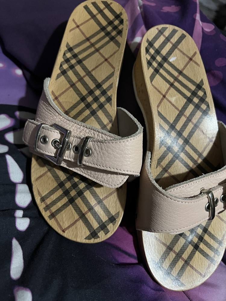 Burberry Chancletas de Palo Con Piel Leadher Mules Women's Shoes Size US 7