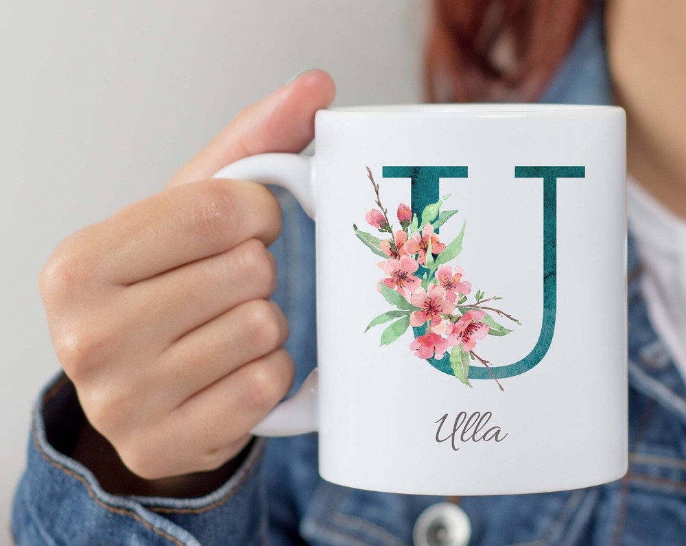 Personalized Monogram Initial Name Mug Floral Alphabet Cup Birthday Gift