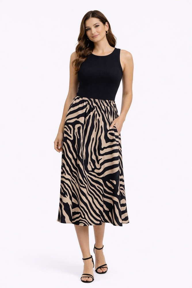 Zebra Print Skirt Women’s Size M Black Gold Polyester Animal Print Flowy Party