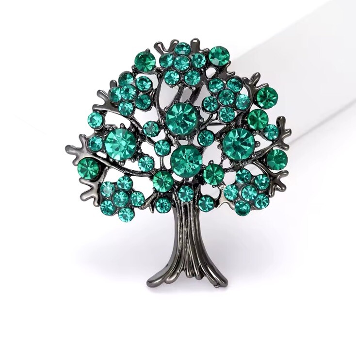 Life Tree Brooch Green Shine Stones  Pin For Family Gift Wedding Graduation