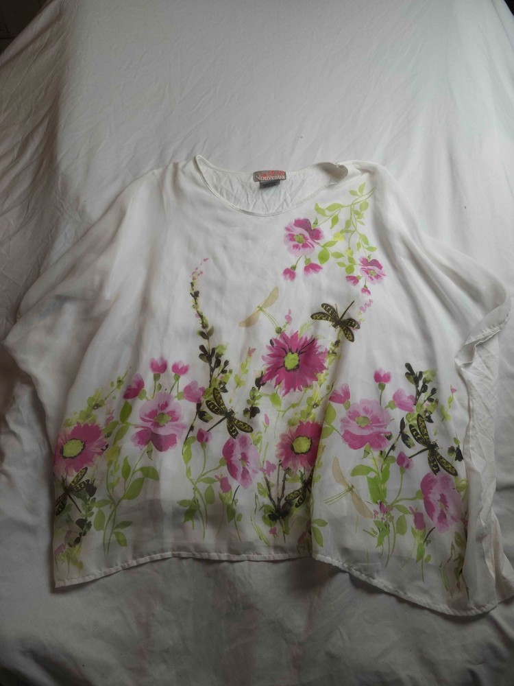 Nouveau Blouse Top Womens Size XL White Floral Print Dolman Sleeve Boxy Casual