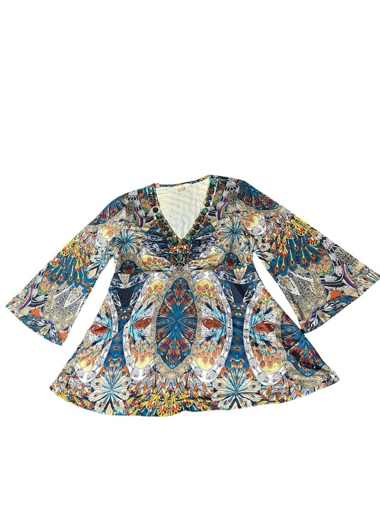 BOSTON PROPER Embellished Babydoll Blouse Size Medium Blue Bejeweled Bell Sleeve