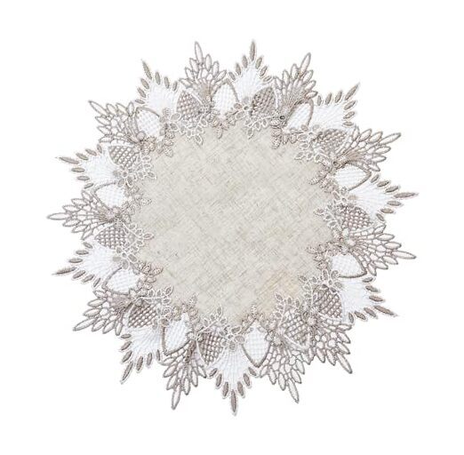15-inch Beige Linen Doily Round Coffee Table Lace in Earth Tones