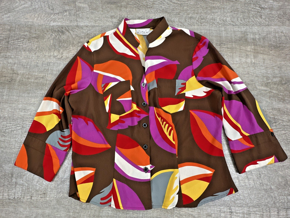 Cathy Che Women's Blouse Size 14 Vintage Abstract Art Print Button Up Multi-Colo