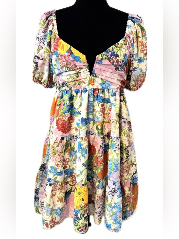 Entro Floral Puff Sleeve Babydoll Mini Dress Cottagecore Prairie Boho Size Large