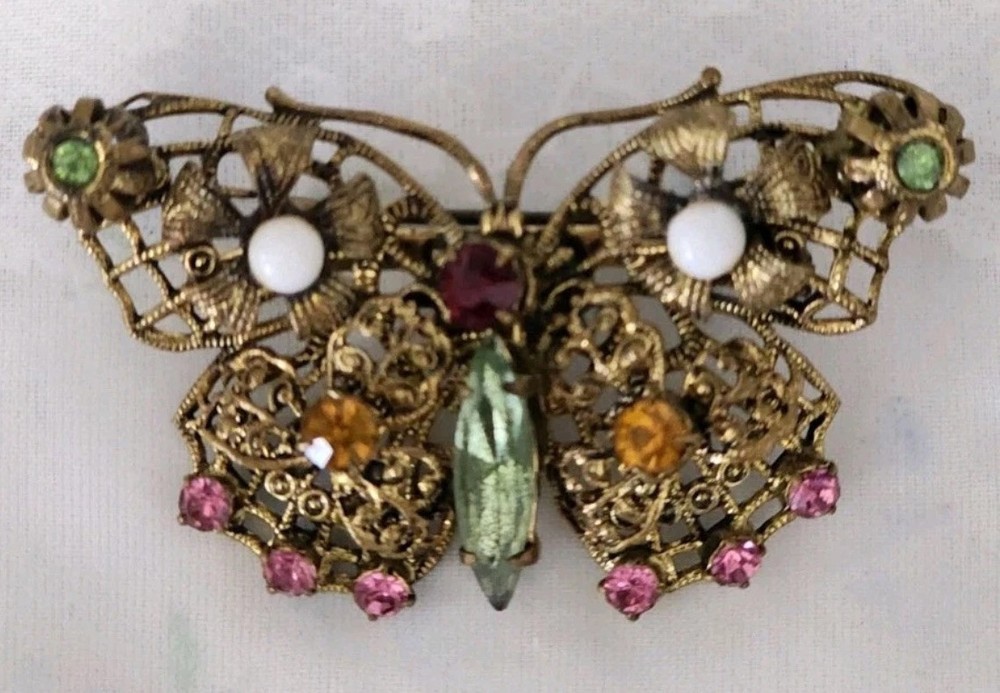 Vintage Dainty Gold Tone Czech Filigree Multicolor Rhinestone  Butterfly Brooch