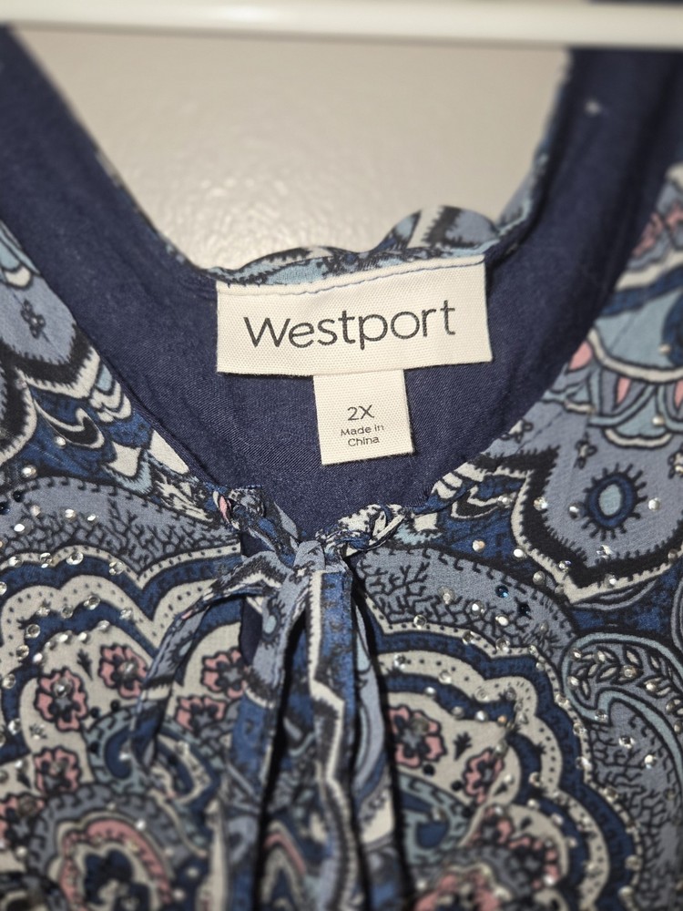 Westport Womens Blouse 2x Blue Peach White