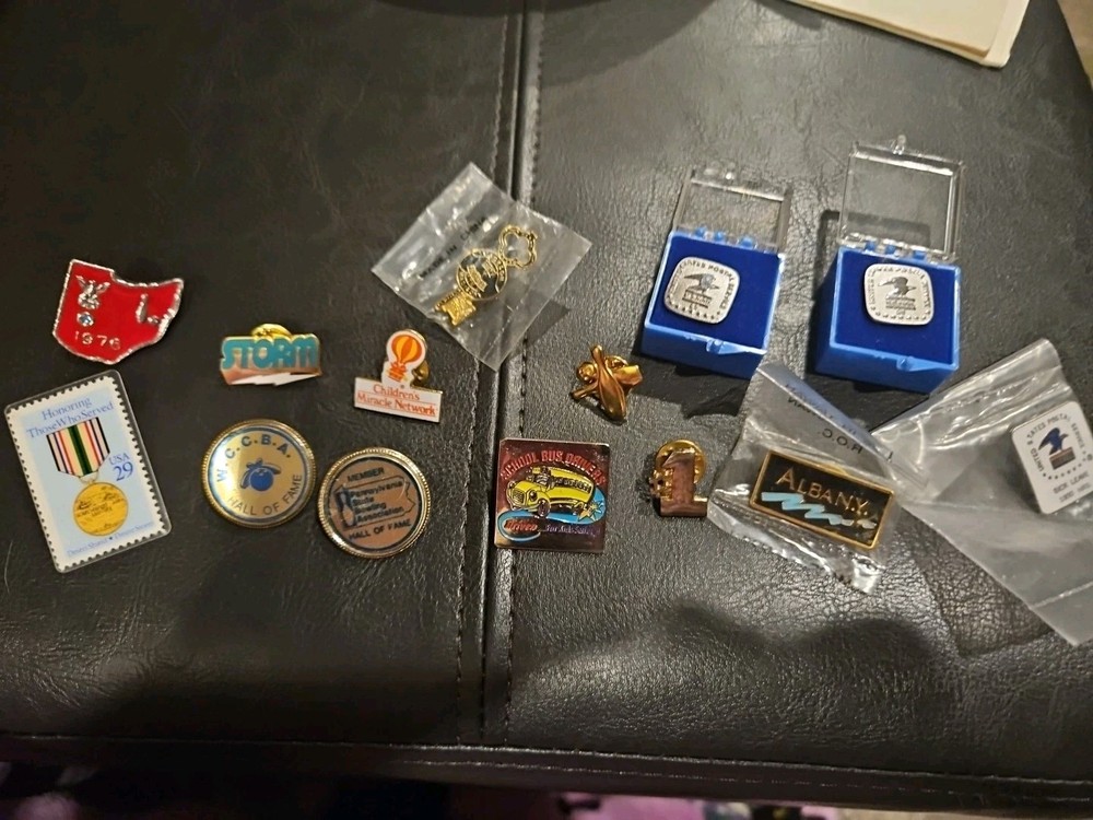 Lot Of 14 Vintage Metal Enamel hat lapel pins Post Office, Bowling. School Bus