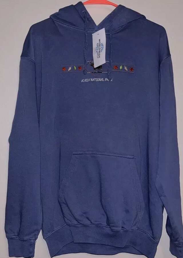 Acadia National Park Hoodie Mens Medium Blue Sweatshirt Embroidered Fleece Lined-image