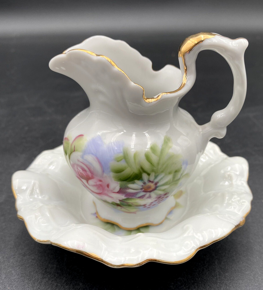Vintage Lefton Porcelain, Miniature Floral Pitcher & Bowl, Japan, Hand-Painted