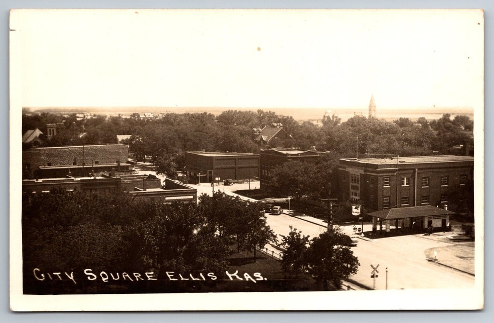 Postcard RPPC KS Ellis Kansas City Square Ellis State Bank Aerial View