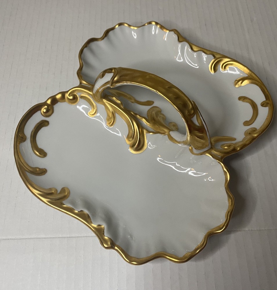 Vtg Porcelain White Gold Gilded Divided Serving Dish Handle Sign Anne W Bacinin
