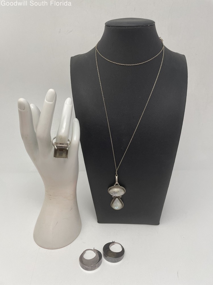 Silver Stamped/Unstamped Chain-Pendant-Earrings-Ring (3 Pcs) Weight 36.1g