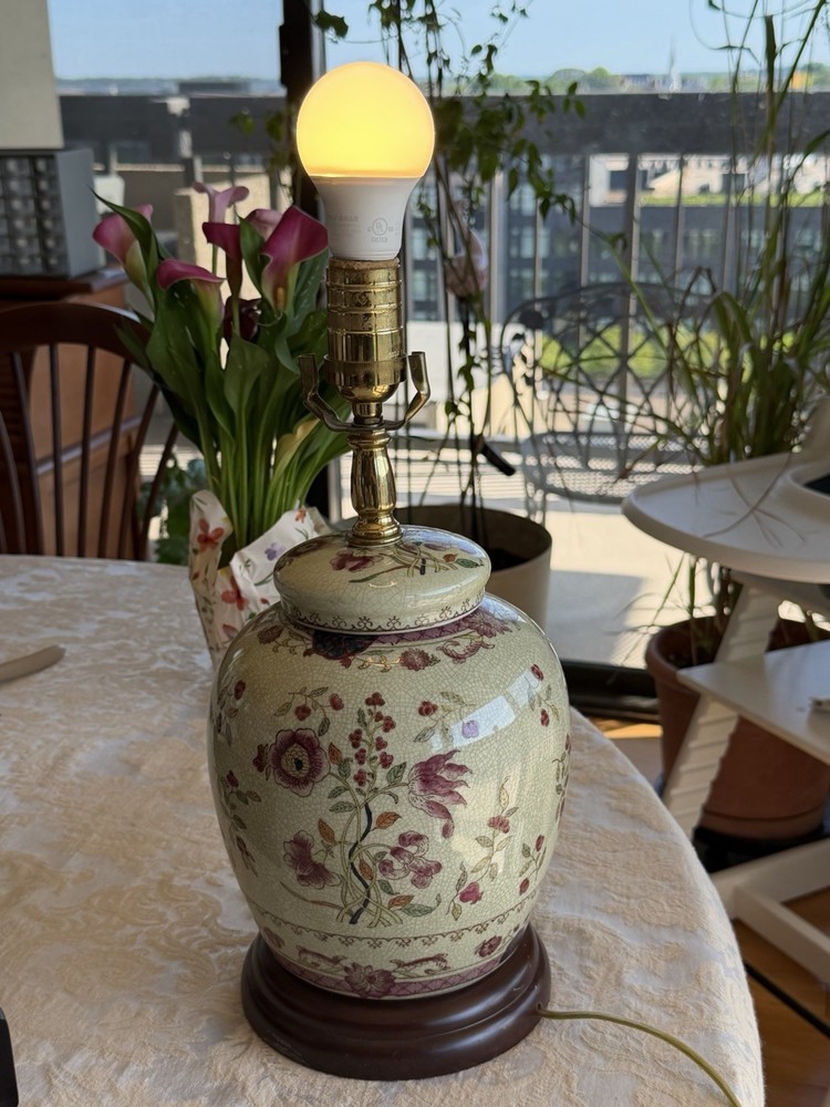 VTG MCM Oriental Accent Lamp Ginger Jar Handpainted Floral No Harp/Finial, Works