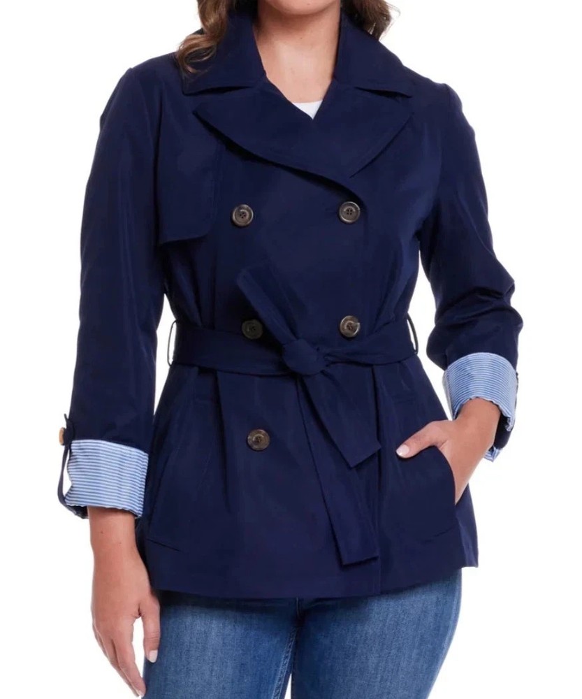 Weatherproof Women's Lightweight Double Breasted Tie Waist Trench Coat, Navy XXL