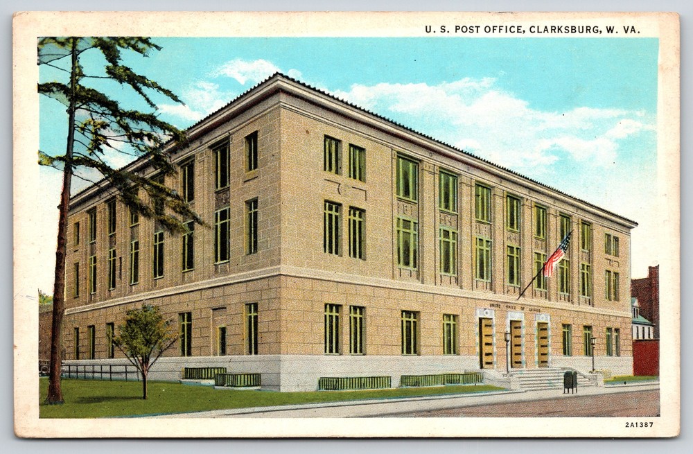 Clarksburg West Virginia~US Post Office Corner View~Flag~Mailbox~Vtg Postcard