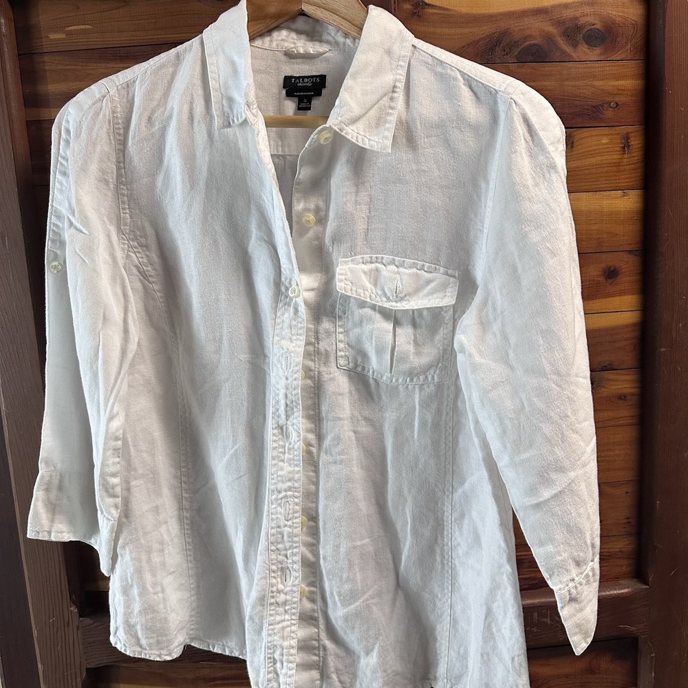 Talbots 100% Irish Linen Beachy Minimalist Casual White Button-Up Shirt Womens S