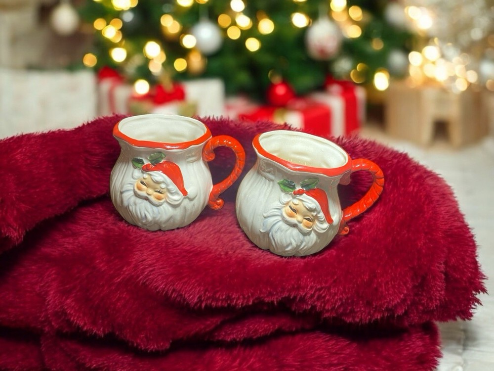 2 Vtg Josef Originals Santa Claus Mugs/Cups Red Rim Red Rope Handle Japan