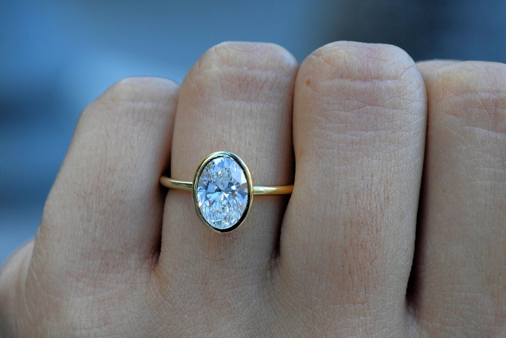 2 Ct Oval Cut Bezel Setting Solitaire Engagement Ring 14k Yellow Gold Plated