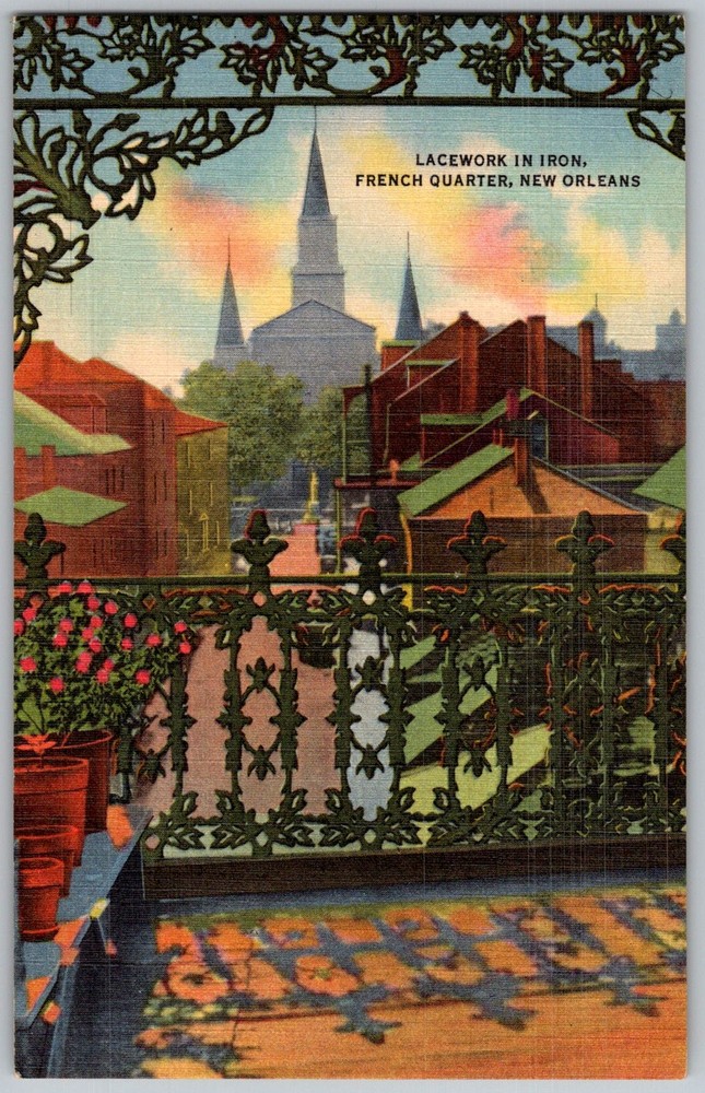 Vtg Linen Postcard Iron Lacework Balcony New Orleans, LA 1930s