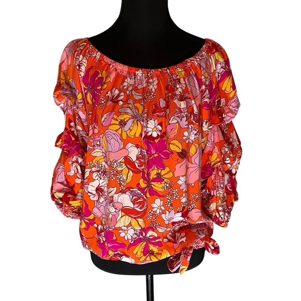 Vince Camuto Womens Orange Floral Off Shoulder Ruffle Sleeve Blouse MedTropical