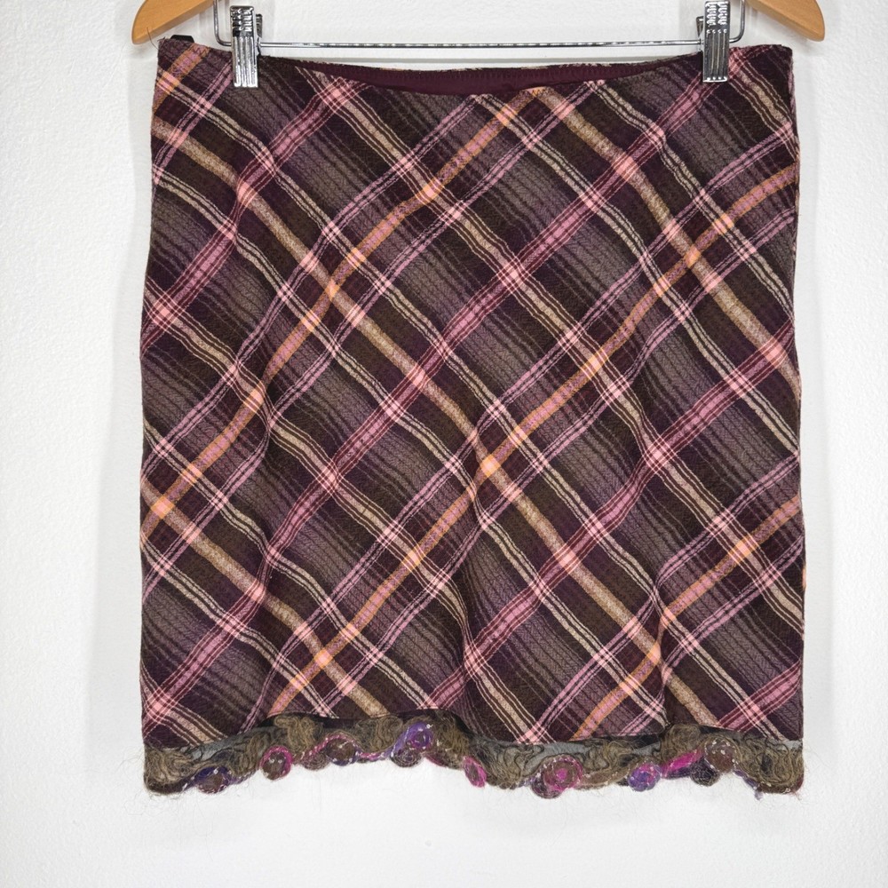 Anna Sui Plaid Wool Mini Skirt Embellished Mesh Trim 4 Brown Y2K Dark Academia
