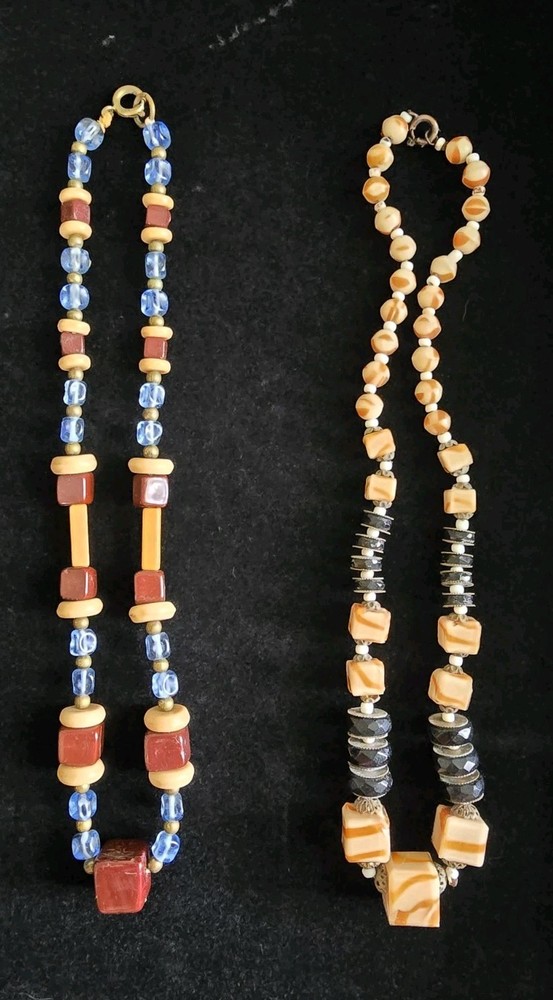 Vintage Square Glass Beaded Necklace Czech Retro Funky Art Deco