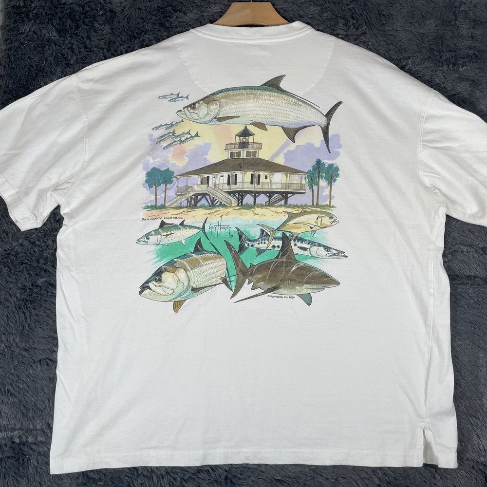 Vintage Guy Harvey Henley T-Shirt Men's XXL White Graphic Print 2005 Fish Beach