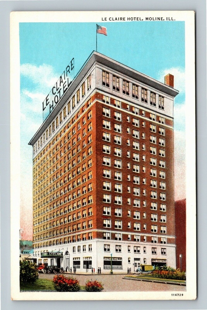 Moline IL, Historic 1915 Le Claire Hotel, Period Cars, Illinois Vintage Postcard