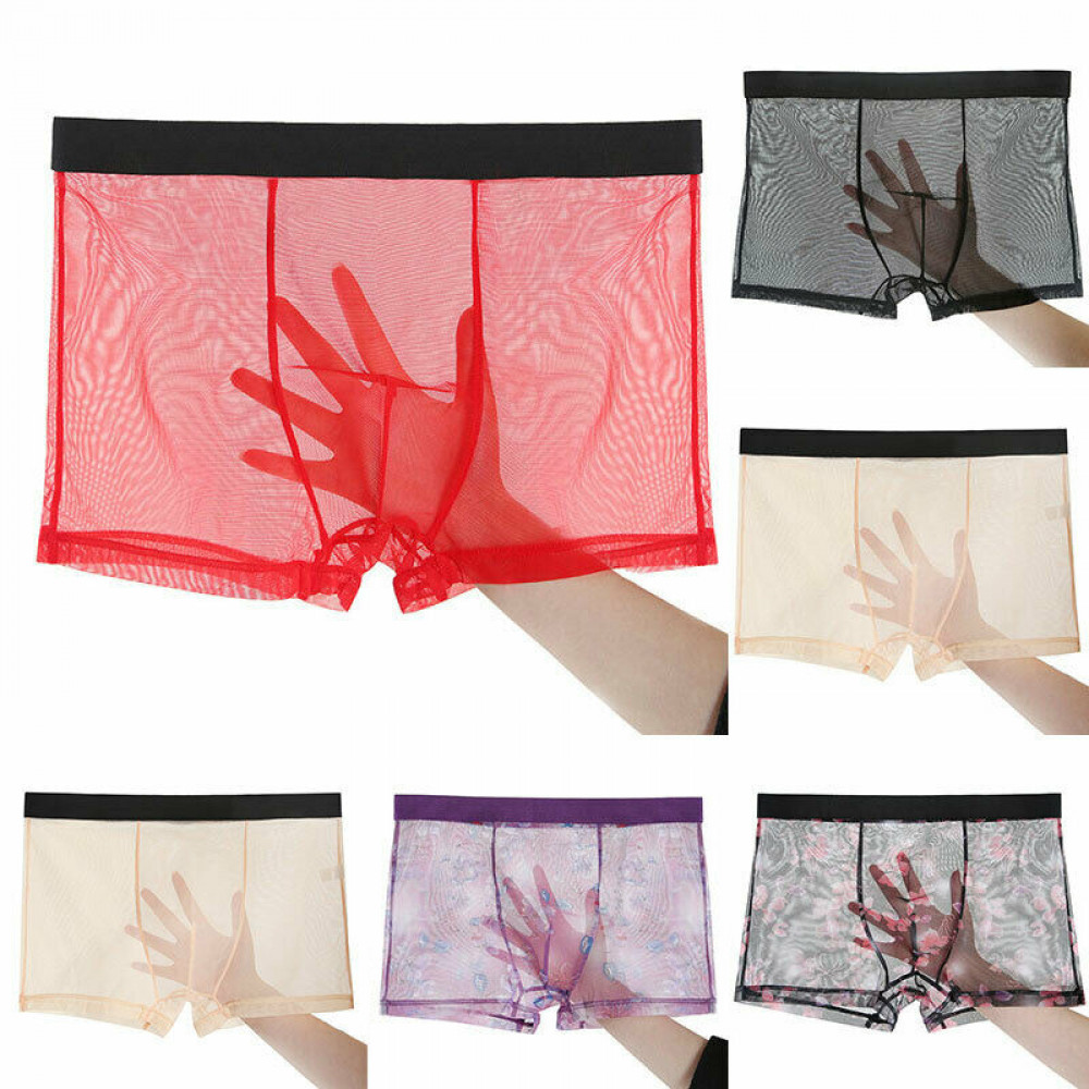 Men Print Underwear Mesh Boxer Briefs See Through Pouch Thongs Underpants Shorts