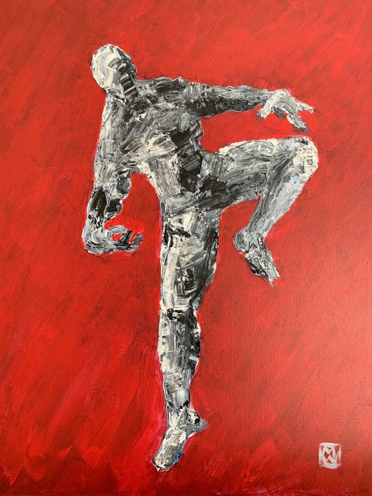 Abstract Realism Modern Art: Black, White, Red Dancing Man Contemporary Painting-image