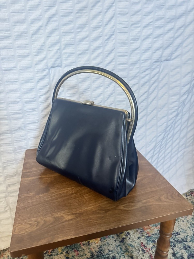 Vtg 50s Blue Leather Wrapped Metal Top Handle Bag Gold Frame Clasp Purse