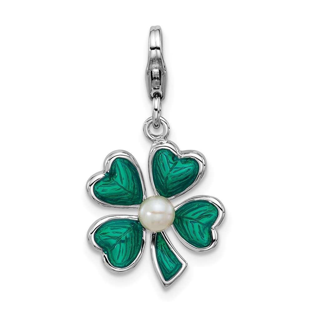 Sterling Silver Green Enameled 4 Leaf Clover with Cultured Pearl Charm Pendant