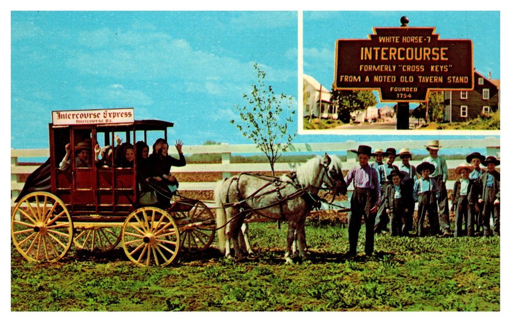Intercourse PA Pennsylvania Amish Children Model Stagecoach Chrome Postcard