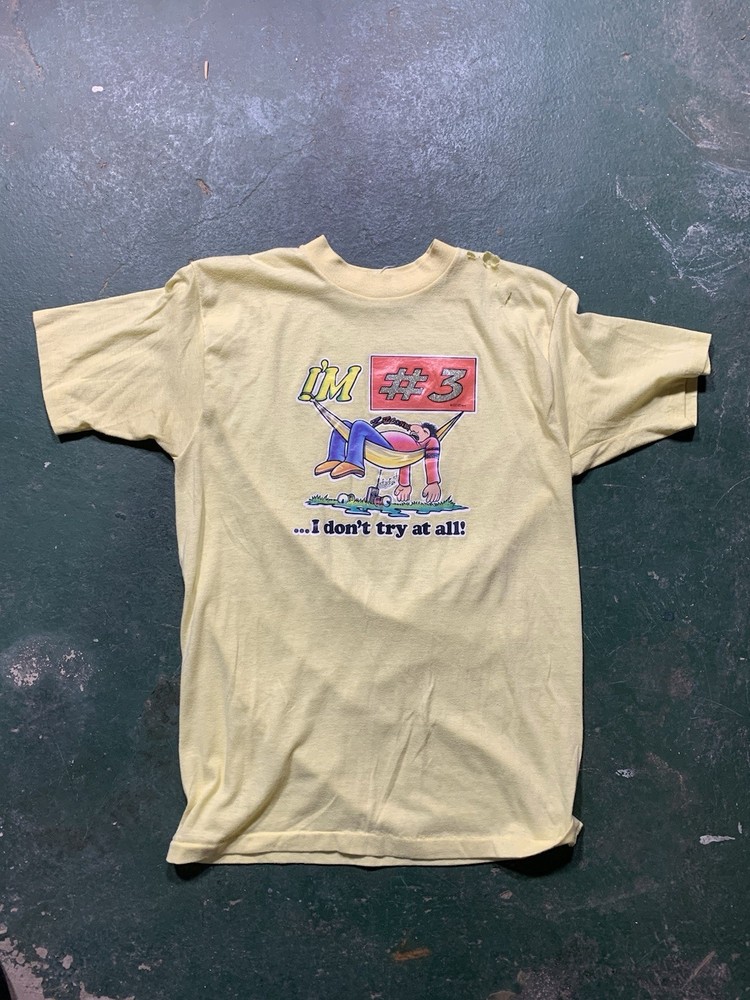 Vintage 70s Funny Graphic Cute Yellow Cotton Crew Neck Short Sleeve T-Shirt M