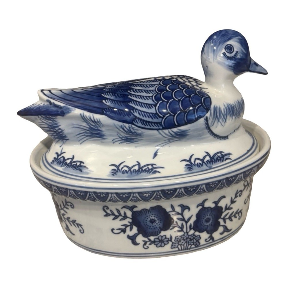 Vintage Blue and White Duck Tureen Porcelain Covered Dish Mid Cent Collectible