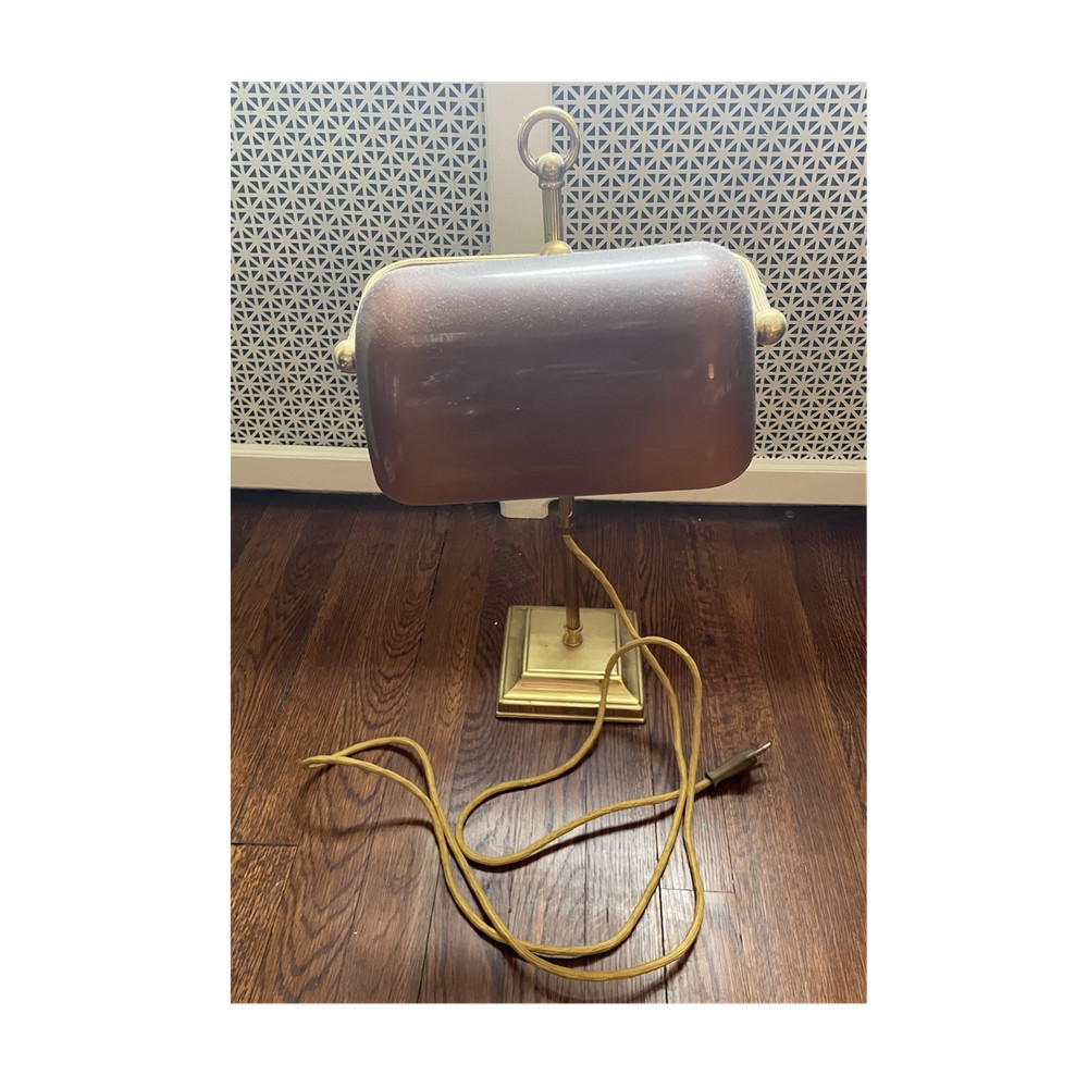 Vintage Banker’s Desk Lamp Brown Rectangular Shade Pull Chain Brass Finish