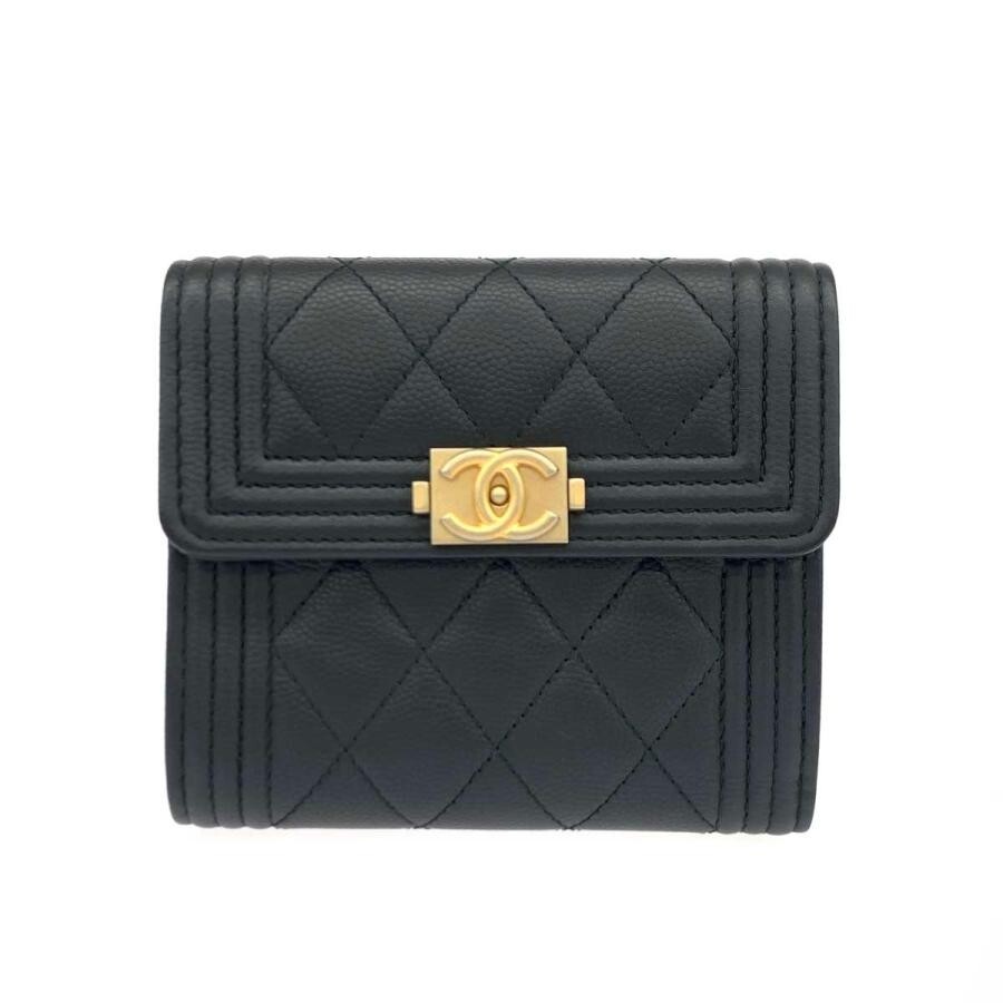 Chanel Boy Chanel Bifold Wallet A80743 Caviar Leather Black With Box Authentic