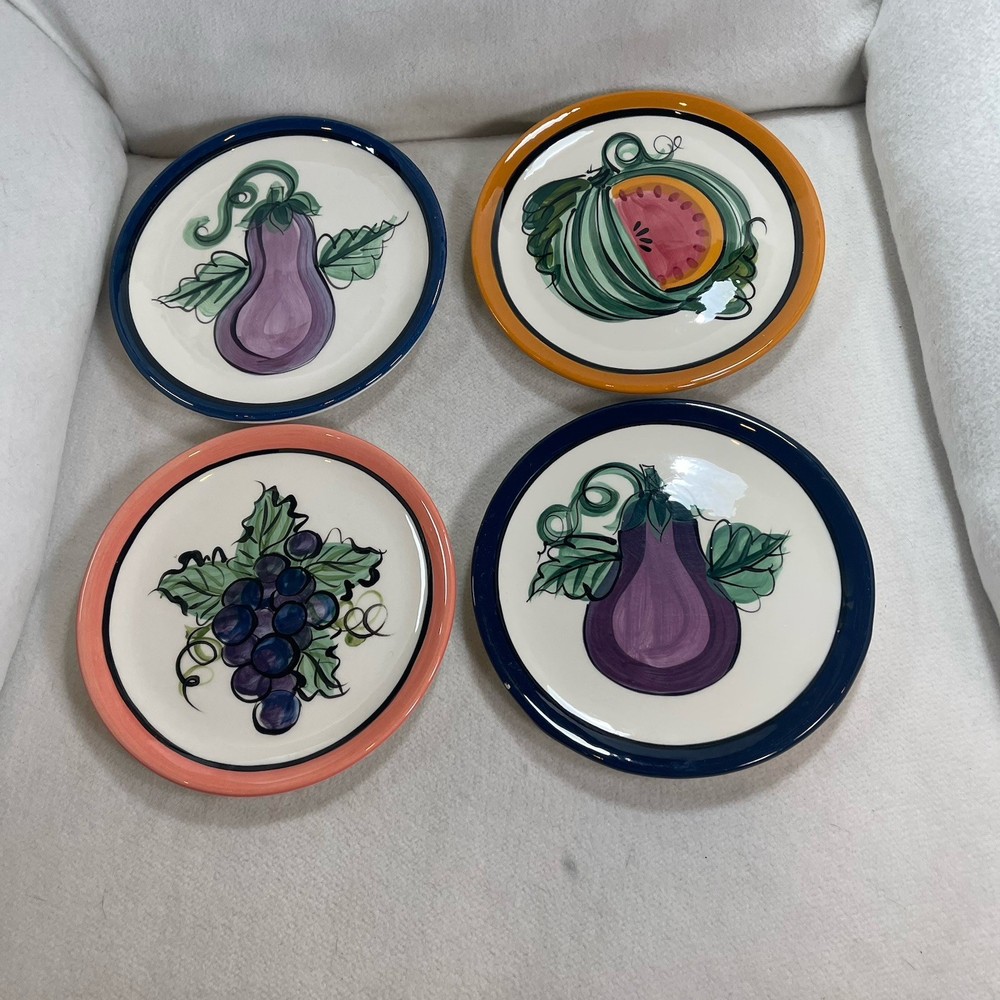 Vtg Vicki Carroll Studio Bon Apetite Salad Plates Watermelon Grape Eggplant Set4
