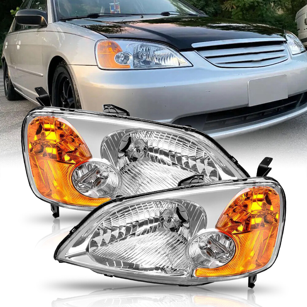For 2001-2003 Honda Civic 2/4DR JDM Headlights Lamps Left + Right Chrome 12V