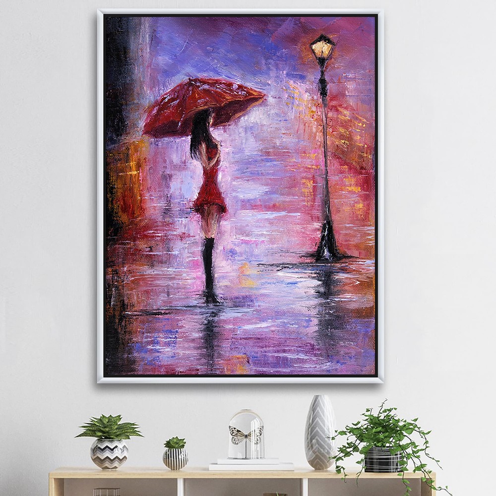 Elegant Woman in Red Walking With Umbrella Traditional Art Print by Designart  