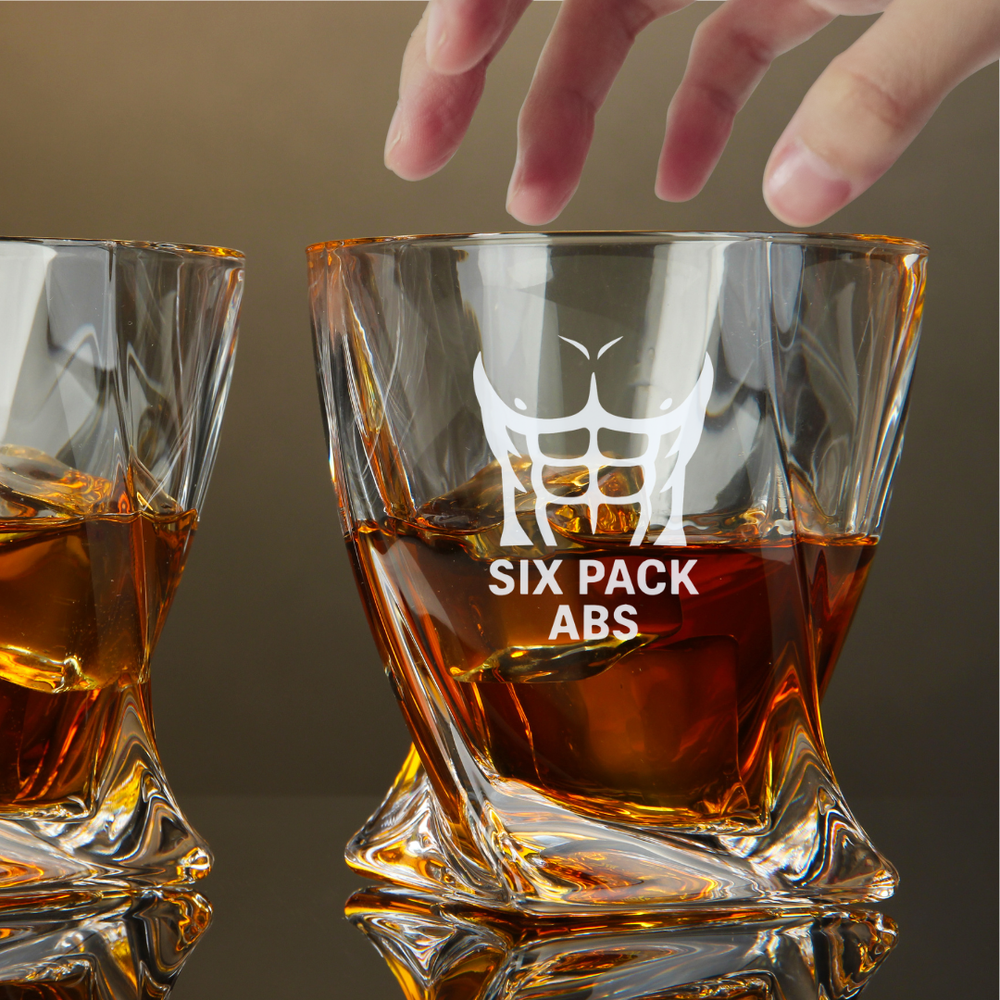 Custom Engraved Six Pack Abs Whiskey Glass – 10 oz Twisted Rocks Glass-image