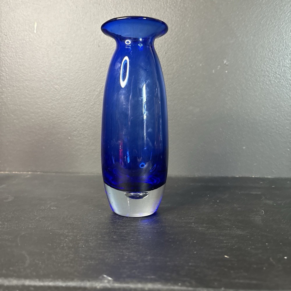 Vintage Hand Blown Cobalt Blue Art Glass Vase Heavy Clear Base Pontil Mark