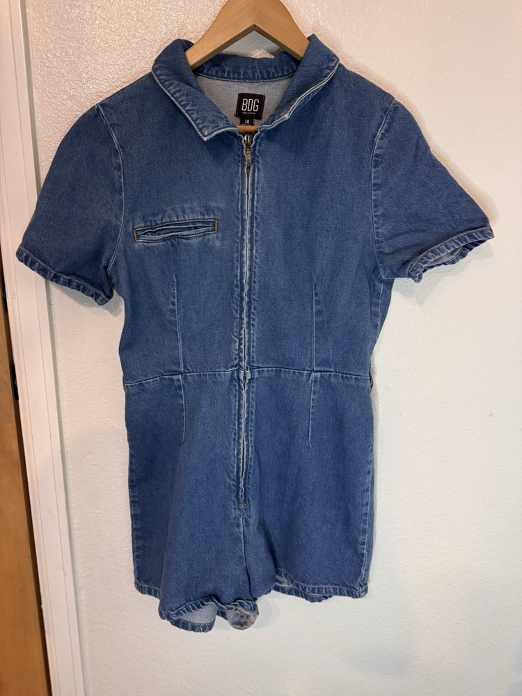 BDG Women's Blue Denim Romper Short Sleeve Zip Collared